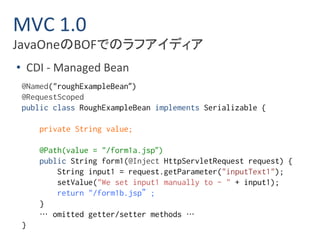MVC 1.0 
JavaOneのBOFでのラフアイディア 
• CDI - Managed Bean 
@Named("roughExampleBean”) 
@RequestScoped 
public class RoughExampleBean implements Serializable { 
private String value; 
@Path(value = "/form1a.jsp”) 
public String form1(@Inject HttpServletRequest request) { 
String input1 = request.getParameter("inputText1"); 
setValue("We set input1 manually to - " + input1); 
return "/form1b.jsp”; 
} 
… omitted getter/setter methods … 
} 
 