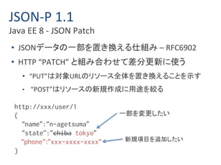 JSON-P 1.1 
Java EE 8 - JSON Patch 
• JSONデータの一部を置き換える仕組み– RFC6902 
• HTTP “PATCH” と組み合わせて差分更新に使う 
• “PUT”は対象URLのリソース全体を置き換えることを示す 
• “POST”はリソースの新規作成に用途を絞る 
http://xxx/user/1 
{ 
“name”:”n-agetsuma” 
“state”:”chiba tokyo” 
“phone”:”xxx-xxxx-xxxx” 
} 
一部を変更したい 
新規項目を追加したい 
 