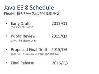 Java EE 8 Schedule 
Final仕様リリースは2016年予定 
• Early Draft 2015/Q1 
アイディアが出始める 
• Public Review 2015/Q3 
大分内容が固まってくる 
• Proposed Final Draft 2015/Q4 
仕様によってはFinal Draftで複数回の修正あり 
• Final Release 2016/Q3 
 