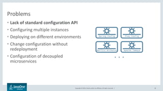 Copyright © 2016, Oracle and/or its affiliates. All rights reserved. |
Problems
• Lack of standard configuration API
• Configuring multiple instances
• Deploying on different environments
• Change configuration without
redeployment
• Configuration of decoupled
microservices
18
 