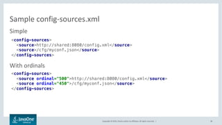 Copyright © 2016, Oracle and/or its affiliates. All rights reserved. |
Sample config-sources.xml
38
Custom
<config-sources>
<source>http://shared:8080/config.xml</source>
<source type="com.oracle.config.CloudConfig">
<user>user</user>
<password>secret</password>
</source>
</config-sources>
 
