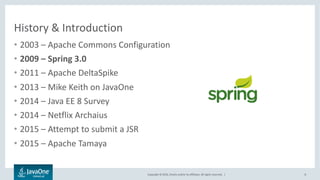 Copyright © 2016, Oracle and/or its affiliates. All rights reserved. |
History & Introduction
• 2003 – Apache Commons Configuration
• 2009 – Spring 3.0
• 2011 – Apache DeltaSpike
• 2013 – Mike Keith on JavaOne
• 2014 – Java EE 8 Survey
• 2014 – Netflix Archaius
• 2015 – Attempt to submit a JSR
• 2015 – Apache Tamaya
8
 
