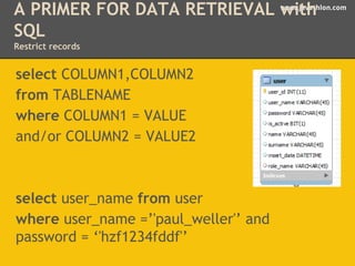 A PRIMER FOR DATA RETRIEVAL wwwwi.jtavhath lon.com 
SQL 
Restrict records 
select COLUMN1,COLUMN2 
from TABLENAME 
where COLUMN1 = VALUE 
and/or COLUMN2 = VALUE2 
select user_name from user 
where user_name =’'paul_weller'’ and 
password = ‘'hzf1234fddf'’ 
 