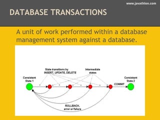 www.javathlon.com 
DATABASE TRANSACTIONS 
A unit of work performed within a database 
management system against a database. 
 