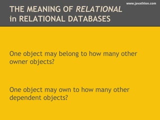 www.javathlon.com 
THE MEANING OF RELATIONAL 
in RELATIONAL DATABASES 
One object may belong to how many other 
owner objects? 
One object may own to how many other 
dependent objects? 
 