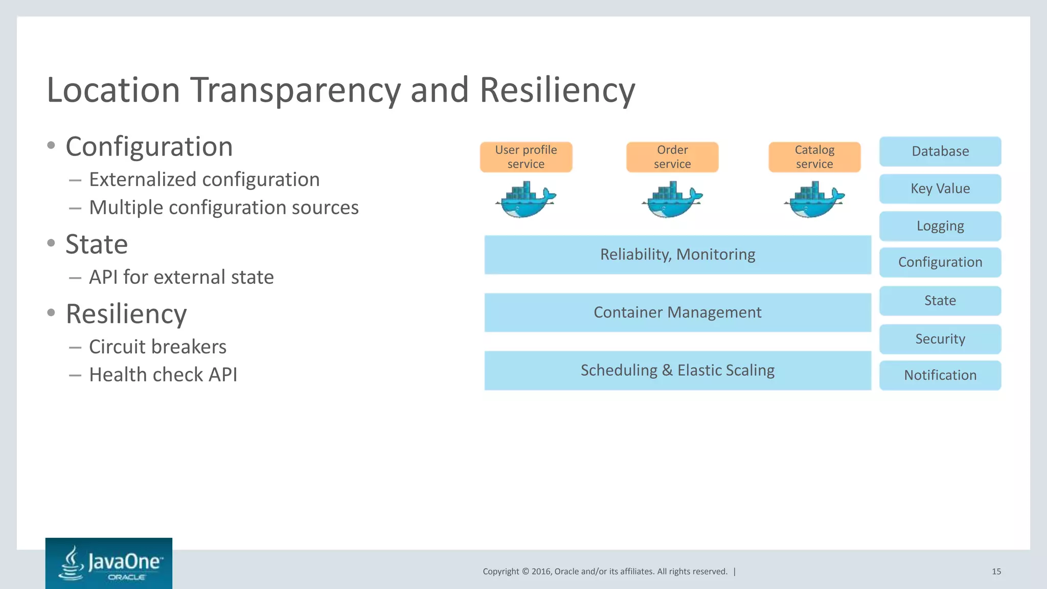 Copyright © 2016, Oracle and/or its affiliates. All rights reserved. |
Location Transparency and Resiliency
• Configuration
– Externalized configuration
– Multiple configuration sources
• State
– API for external state
• Resiliency
– Circuit breakers
– Health check API
15
Reliability, Monitoring
Container Management
Scheduling & Elastic Scaling
Key Value
Database
Logging
Configuration
State
Security
Notification
User profile
service
Order
service
Catalog
service
 