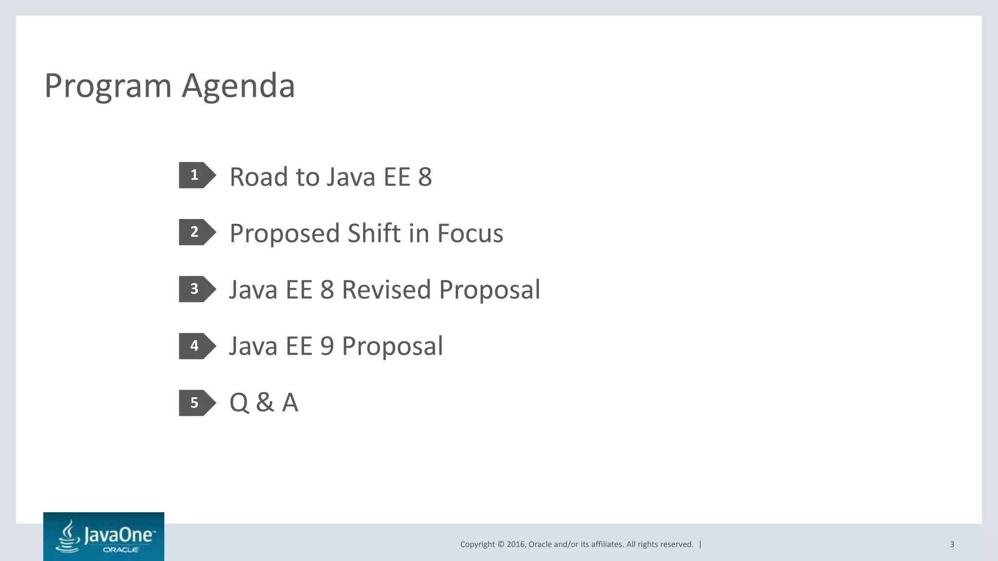 Copyright © 2016, Oracle and/or its affiliates. All rights reserved. |
Program Agenda
Road to Java EE 8
Proposed Shift in Focus
Java EE 8 Revised Proposal
Java EE 9 Proposal
Q & A
1
2
3
4
3
5
 