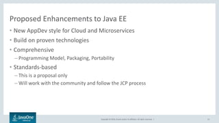 Copyright © 2016, Oracle and/or its affiliates. All rights reserved. |
Proposed Enhancements to Java EE
• New AppDev style for Cloud and Microservices
• Build on proven technologies
• Comprehensive
– Programming Model, Packaging, Portability
• Standards-based
– This is a proposal only
– Will work with the community and follow the JCP process
13
 