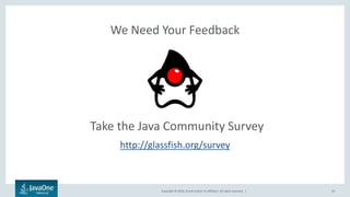Copyright © 2016, Oracle and/or its affiliates. All rights reserved. |
We Need Your Feedback
20
Take the Java Community Survey
http://glassfish.org/survey
 
