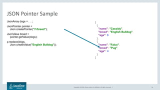 Copyright © 2016, Oracle and/or its affiliates. All rights reserved. |
JSON Pointer Sample
JsonArray dogs = . . .;
JsonPointer pointer =
Json.createPointer("/1/breed");
JsonValue breed =
pointer.getValue(dogs);
p.replace(dogs,
Json.createValue("English Bulldog"));
24
[
{
"name": "Cassidy",
"breed": "English Bulldog",
"age": 6
},
{
"name": "Falco",
"breed": "Pug",
"age": 4
}
]
 