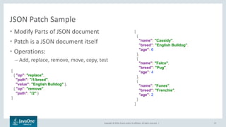 Copyright © 2016, Oracle and/or its affiliates. All rights reserved. |
JSON Patch Sample
• Modify Parts of JSON document
• Patch is a JSON document itself
• Operations:
– Add, replace, remove, move, copy, test
25
[
{
"name": "Cassidy",
"breed": "English Bulldog",
"age": 6
},
{
"name": "Falco",
"breed": "Pug",
"age": 4
},
{
"name": "Funes",
"breed": "Frenchie",
"age": 2
}
]
[
{ "op": "replace",
"path": "/1/breed",
"value": "English Bulldog" },
{ "op": "remove",
"path": "/2" }
]
 
