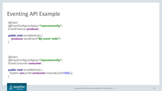 Copyright © 2016, Oracle and/or its affiliates. All rights reserved. |
Eventing API Example
44
@Inject
@EventConfig(configkey="myeventconfig")
EventProducer producer;
public void someMethod() {
producer.sendEvent("My event: hello");
}
@Inject
@EventConfig(configkey="myeventconfig")
EventConsumer consumer;
public void someMethod() {
System.out.println(consumer.receiveEvent(1000L));
}
 