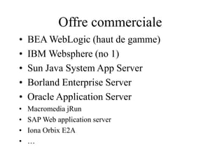 Offre commerciale
• BEA WebLogic (haut de gamme)
• IBM Websphere (no 1)
• Sun Java System App Server
• Borland Enterprise Server
• Oracle Application Server
• Macromedia jRun
• SAP Web application server
• Iona Orbix E2A
• …
 