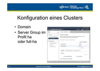 dirk.weil@gedoplan.de
Konfiguration eines Clusters
• Domain
• Server Group im
Profil ha
oder full-ha
14 Java EE hochverfügbar
 