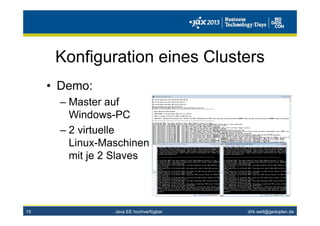 dirk.weil@gedoplan.de
Konfiguration eines Clusters
• Demo:
– Master auf
Windows-PC
– 2 virtuelle
Linux-Maschinen
mit je 2 Slaves
15 Java EE hochverfügbar
 