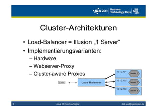 dirk.weil@gedoplan.de
Cluster-Architekturen
• Load-Balancer = Illusion „1 Server“
• Implementierungsvarianten:
– Hardware
– Webserver-Proxy
– Cluster-aware Proxies
8
Load BalancerClient
10.1.2.101
Server 1
10.1.2.102
Server 2
10.1.2.103
Server 3
Java EE hochverfügbar
 