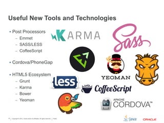 Copyright © 2012, Oracle and/or its affiliates. All rights reserved. Public19
Useful New Tools and Technologies
 Post Processors
– Emmet
– SASS/LESS
– CoffeeScript
 Cordova/PhoneGap
 HTML5 Ecosystem
– Grunt
– Karma
– Bower
– Yeoman
 