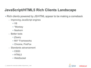 Copyright © 2012, Oracle and/or its affiliates. All rights reserved. Public7
JavaScript/HTML5 Rich Clients Landscape
 Rich clients powered by JS/HTML appear to be making a comeback
– Improving JavaScript engines
 V8
 *Monkey
 Nashorn
– Better tools
 jQuery
 MV* Frameworks
 Chrome, FireFox
– Standards advancement
 CSS3
 HTML5
 WebSocket
 
