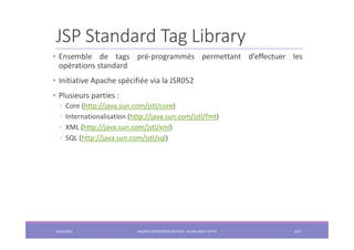 JSP Standard Tag Library
• Ensemble de tags pré-programmés permettant d’effectuer les
opérations standard
• Initiative Apa...