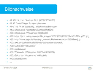 Charakteristika
#WISSENTEILENOFFENKUNDIGGUT
Bildnachweise
‣ #1: iStock.com / Andrew Rich (000029536120)
‣ #4: © Daniel Steger for openphoto.net
‣ #14: The Art of Scalability / theartofscalability.com
‣ #17: iStock.com / jpgfactory (000059091620)
‣ #20: iStock.com / VisualField (3096596)
‣ #21: https://pbs.twimg.com/proﬁle_images/585298659589267456/xAPhHpWz.jpg
‣ #22: http://www.jugh.de/ﬁles/jugh_content/Referenten/Adam%20Bien.jpg
‣ #23: aws.amazon.com/de/heroes/usa/adrian-cockcroft/
‣ #25: twitter.com/olliwegner
‣ #29: pixabay,con
‣ #31: Wikimedia / Webysther 20150414193208
‣ #35: Guido van Nispen / via WIkiepedia
‣ #43: pixabay.com
‣ …
 