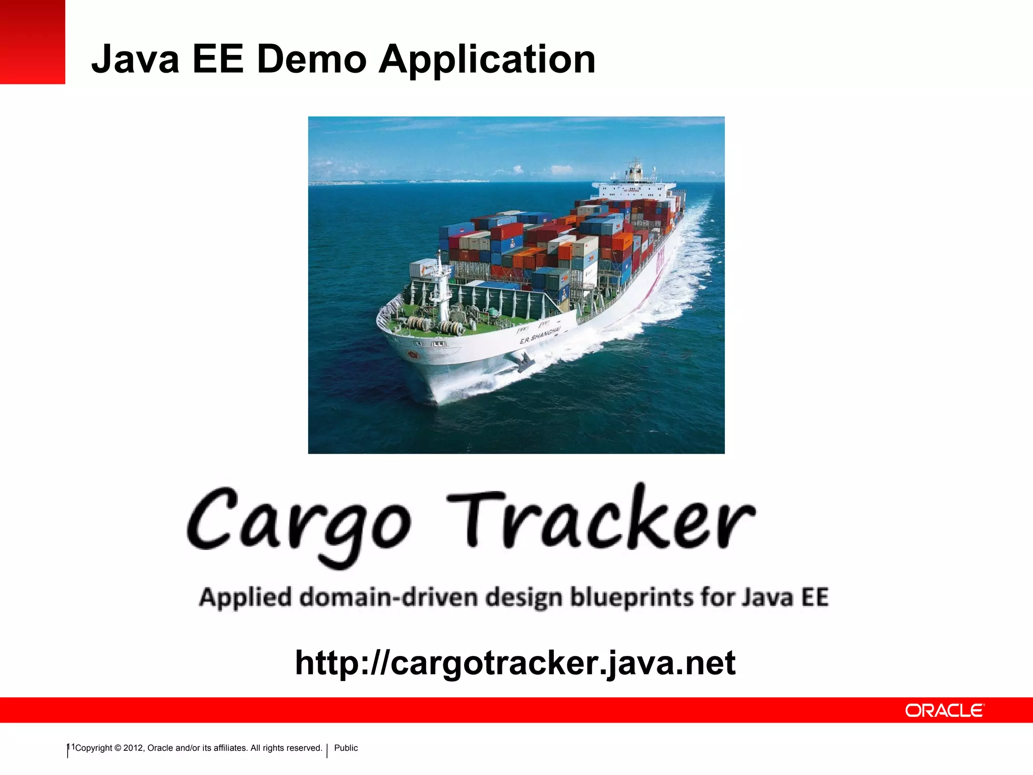 Copyright © 2012, Oracle and/or its affiliates. All rights reserved. Public11
Java EE Demo Application
http://cargotracker.java.net
 