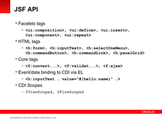 Copyright © 2012, Oracle and/or its affiliates. All rights reserved. Public13
JSF API
 Facelets tags
– <ui:composition>, <ui:define>, <ui:insert>,
<ui:component>, <ui:repeat>
 HTML tags
– <h:form>, <h:inputText>, <h:selectOneMenu>,
<h:commandButton>, <h:commandLink>, <h:panelGrid>
 Core tags
– <f:convert...>, <f:validat...>, <f:ajax>
 Event/data binding to CDI via EL
– <h:inputText … value=“#{hello.name}” …>
 CDI Scopes
– @ViewScoped, @FlowScoped
 