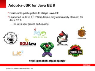 Copyright © 2012, Oracle and/or its affiliates. All rights reserved. Public27
Adopt-a-JSR for Java EE 8
 Grassroots participation to shape Java EE
 Launched in Java EE 7 time-frame, key community element for
Java EE 8
– 30 Java user groups participating!
http://glassfish.org/adoptajsr
 