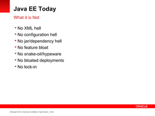 Copyright © 2012, Oracle and/or its affiliates. All rights reserved. Public9
Java EE Today
What it is Not
 No XML hell
 No configuration hell
 No jar/dependency hell
 No feature bloat
 No snake-oil/hypeware
 No bloated deployments
 No lock-in
 