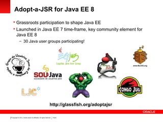 Copyright © 2012, Oracle and/or its affiliates. All rights reserved. Public27
Adopt-a-JSR for Java EE 8
 Grassroots parti...