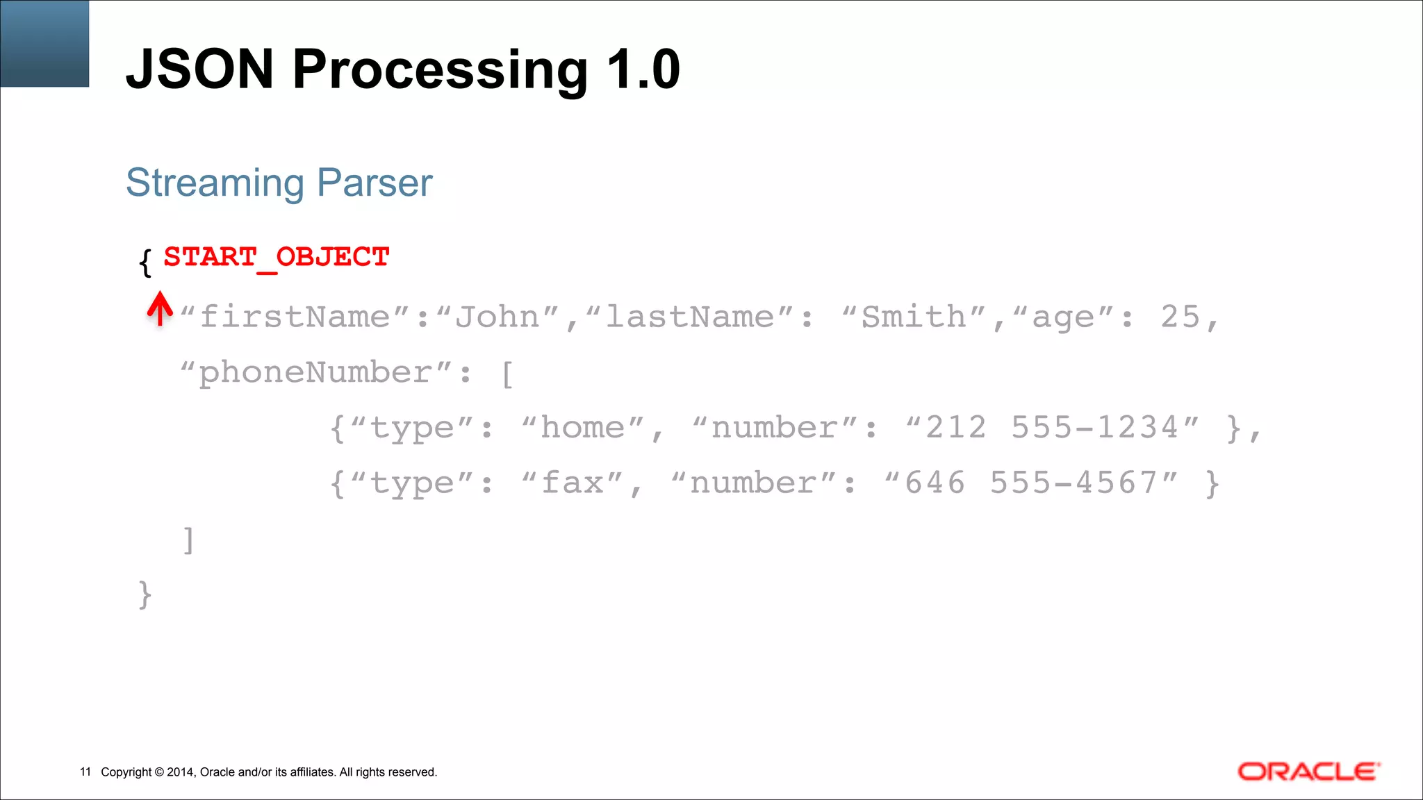Copyright © 2014, Oracle and/or its affiliates. All rights reserved.!11
JSON Processing 1.0
{!
“firstName”:“John”,“lastName”: “Smith”,“age”: 25,!
“phoneNumber”: [!
{“type”: “home”, “number”: “212 555-1234” },!
{“type”: “fax”, “number”: “646 555-4567” }!
]!
}
Streaming Parser
START_OBJECT
 