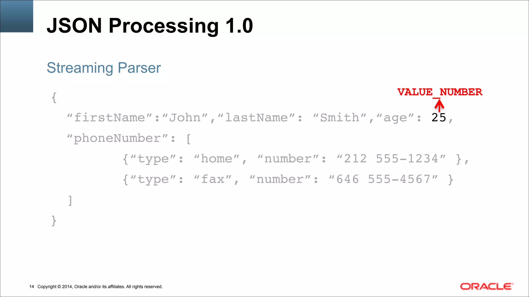 Copyright © 2014, Oracle and/or its affiliates. All rights reserved.!14
JSON Processing 1.0
{!
“firstName”:“John”,“lastName”: “Smith”,“age”: 25,!
“phoneNumber”: [!
{“type”: “home”, “number”: “212 555-1234” },!
{“type”: “fax”, “number”: “646 555-4567” }!
]!
}
Streaming Parser
VALUE_NUMBER
 