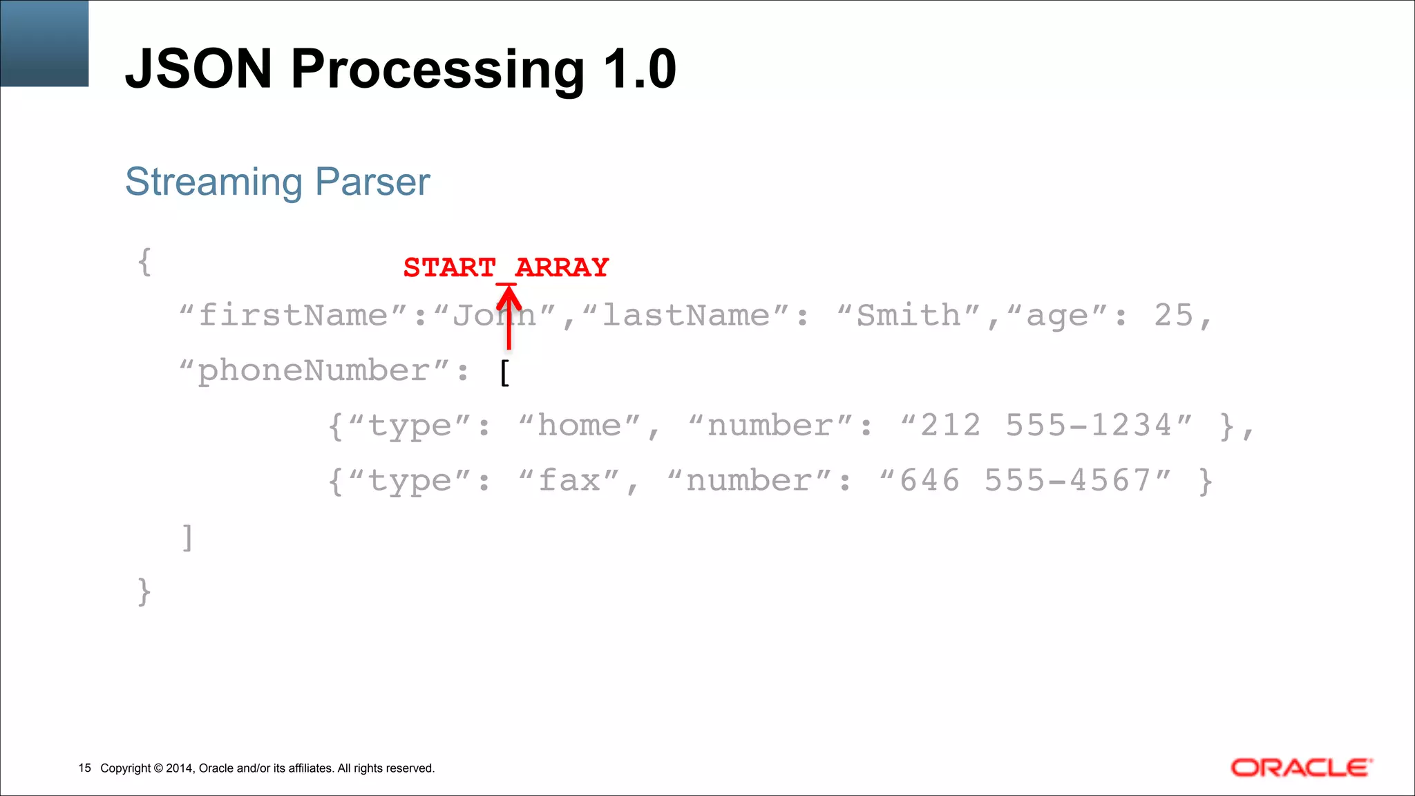 Copyright © 2014, Oracle and/or its affiliates. All rights reserved.!15
JSON Processing 1.0
{!
“firstName”:“John”,“lastName”: “Smith”,“age”: 25,!
“phoneNumber”: [!
{“type”: “home”, “number”: “212 555-1234” },!
{“type”: “fax”, “number”: “646 555-4567” }!
]!
}
Streaming Parser
START_ARRAY
 