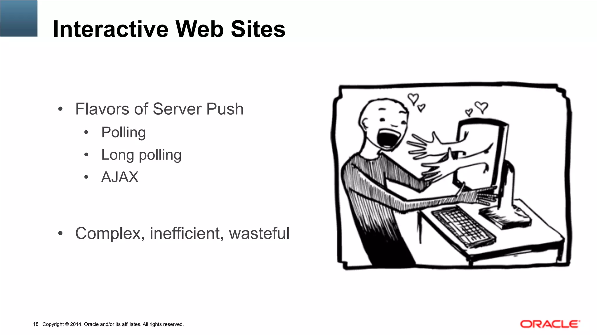 Copyright © 2014, Oracle and/or its affiliates. All rights reserved.!18
Interactive Web Sites
• Flavors of Server Push
• Polling
• Long polling
• AJAX
!
!
• Complex, inefficient, wasteful
 
