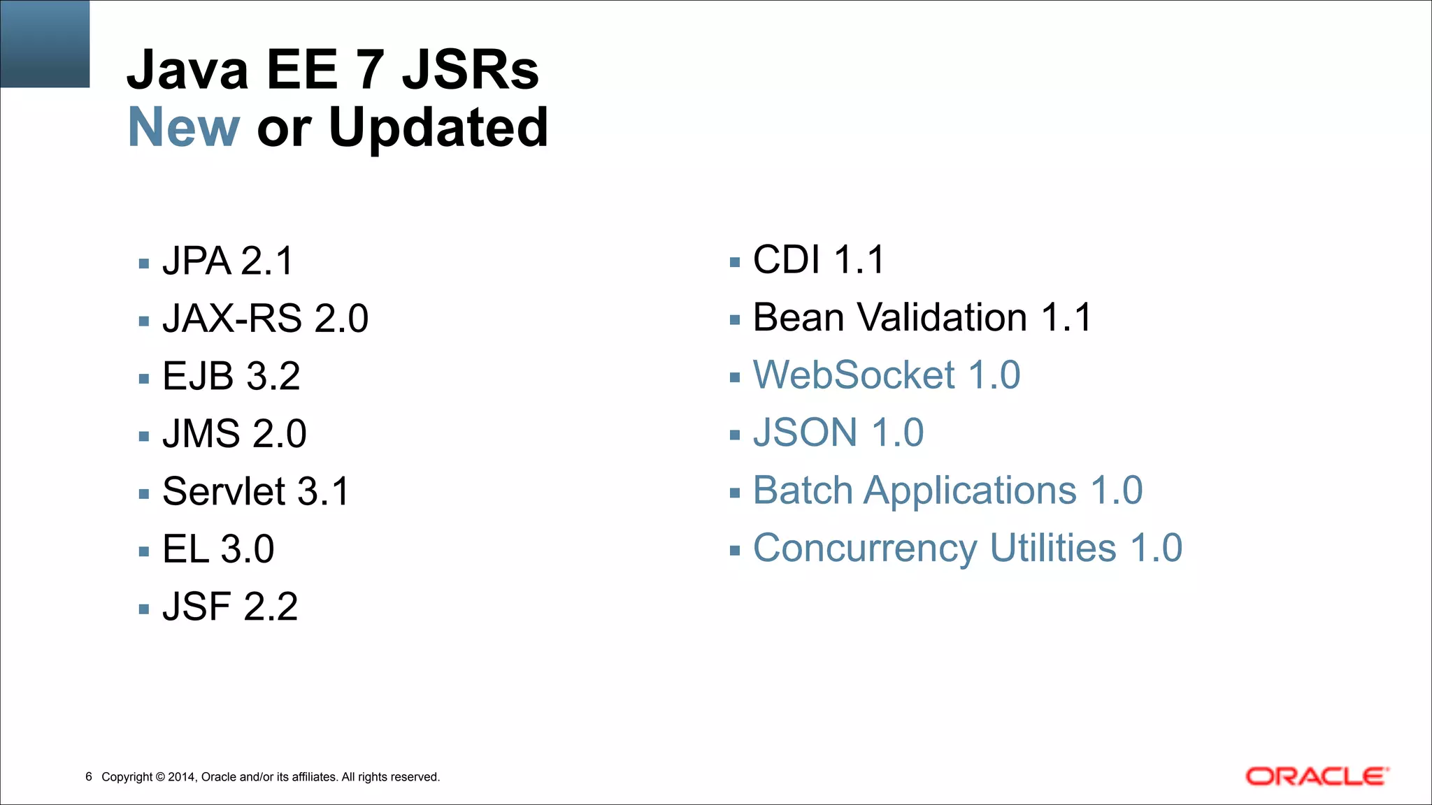 Copyright © 2014, Oracle and/or its affiliates. All rights reserved.
Java EE 7 JSRs 
New or Updated
▪ JPA 2.1
▪ JAX-RS 2.0
▪ EJB 3.2
▪ JMS 2.0
▪ Servlet 3.1
▪ EL 3.0
▪ JSF 2.2
▪ CDI 1.1
▪ Bean Validation 1.1
▪ WebSocket 1.0
▪ JSON 1.0
▪ Batch Applications 1.0
▪ Concurrency Utilities 1.0
!6
 