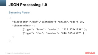 Copyright © 2014, Oracle and/or its affiliates. All rights reserved.!10
JSON Processing 1.0
{!
“firstName”:“John”,“lastName”: “Smith”,“age”: 25,!
“phoneNumber”: [!
{“type”: “home”, “number”: “212 555-1234” },!
{“type”: “fax”, “number”: “646 555-4567” }!
]!
}
Streaming Parser
 