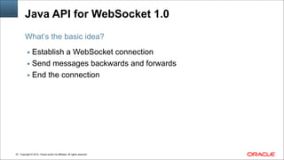 Copyright © 2014, Oracle and/or its affiliates. All rights reserved.!23
Java API for WebSocket 1.0
▪ Establish a WebSocket connection
▪ Send messages backwards and forwards
▪ End the connection
What’s the basic idea?
 