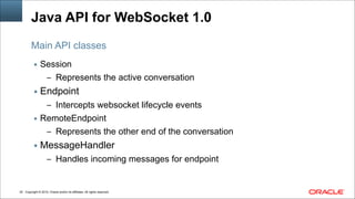 Copyright © 2014, Oracle and/or its affiliates. All rights reserved.!24
Java API for WebSocket 1.0
▪ Session
– Represents the active conversation
▪ Endpoint
– Intercepts websocket lifecycle events
▪ RemoteEndpoint
– Represents the other end of the conversation
▪ MessageHandler
– Handles incoming messages for endpoint
Main API classes
 