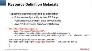 Copyright © 2014, Oracle and/or its affiliates. All rights reserved.!44
Resource Definition Metadata
▪ Specifies resources needed by application
– Enhances configurability in Java EE 7 apps
– Facilitates provisioning in cloud environments
– Java EE 6 introduced DataSourceDefinition
!
@DataSourceDefinition (!
name=“java:app/jdbc/myDB”,!
className=“oracle.jdbc.pool.OracleDataSource”,!
isolationLevel=TRANSACTION_REPEATABLE_READ, initialPoolSize=5)!
!
@Stateless public class MySessionBean {!
@Resource(lookup=“java:app/jdbc/myDB”) DataSource my DB;!
…!
}
 