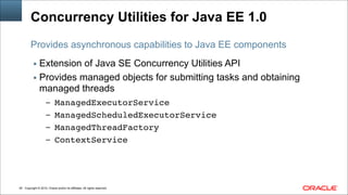 Copyright © 2014, Oracle and/or its affiliates. All rights reserved.!54
Concurrency Utilities for Java EE 1.0
▪ Extension of Java SE Concurrency Utilities API
▪ Provides managed objects for submitting tasks and obtaining
managed threads
– ManagedExecutorService!
– ManagedScheduledExecutorService!
– ManagedThreadFactory!
– ContextService
Provides asynchronous capabilities to Java EE components
 