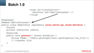 Copyright © 2014, Oracle and/or its affiliates. All rights reserved.!62
Batch 1.0
<step id=”transferFile”>!
<batchlet ref=“MyFileTransfer” />!
</step>
@Dependent!
@Named("MyFileTransfer")!
public class MyBatchlet implements javax.batch.api.chunk.Batchlet {!
@Inject!
private JobContext jobCtx;!!
@Override!
public void process() throws Exception {!
String fName = jobCtx.getProperties().getProperty("out_file");!
// transfer file!
}!
}!
 