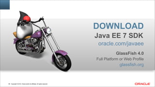 Copyright © 2014, Oracle and/or its affiliates. All rights reserved.!68
DOWNLOAD
Java EE 7 SDK
oracle.com/javaee
!
GlassFish 4.0
Full Platform or Web Profile
glassfish.org
 