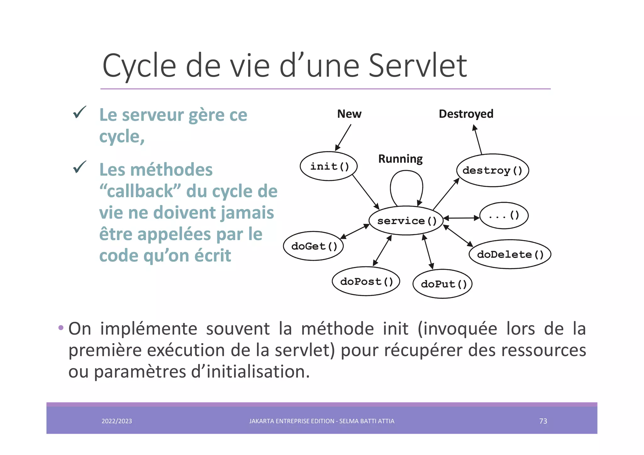 Cycle de vie d’une Servlet • On implémente souvent la méthode init (invoquée lors de la première exécution de la servlet) pour récupérer des ressources ou paramètres d’initialisation.  Le serveur gère ce cycle,  Les méthodes “callback” du cycle de vie ne doivent jamais être appelées par le code qu’on écrit  Le serveur gère ce cycle,  Les méthodes “callback” du cycle de vie ne doivent jamais être appelées par le code qu’on écrit init() ...() service() doGet() doPost() doDelete() destroy() doPut() New Destroyed Running 2022/2023 JAKARTA ENTREPRISE EDITION - SELMA BATTI ATTIA 73 