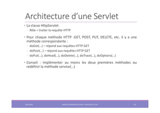 Architecture d’une Servlet
• La classe HttpServlet
◦ Rôle = traiter la requête HTTP
• Pour chaque méthode HTTP :GET, POST, PUT, DELETE, etc. il y a une
méthode correspondante :
◦ doGet(…) – répond aux requêtes HTTP GET
◦ doPost(…) – répond aux requêtes HTTP GET
◦ doPut(…), doHead(…), doDelete(…), doTrace(…), doOptions(…)
• Conseil : implémenter au moins les deux premières méthodes ou
redéfinir la méthode service(…)
2022/2023 JAKARTA ENTREPRISE EDITION - SELMA BATTI ATTIA 67
 