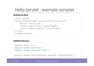 Hello Servlet : exemple complet
<html><body>
<form method="GET" action="HelloServlet">
Entrez votre nom :
<input type="text" name="nom">
<input type="submit" value="OK">
</form>
</body></html>
HelloForm.html
import java.io.*;
import javax.servlet.*;
import javax.servlet.http.*;
public class HelloServlet extends HttpServlet {
HelloServlet.java
2022/2023 JAKARTA ENTREPRISE EDITION - SELMA BATTI ATTIA 79
 