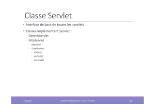 Classe Servlet
2022/2023 JAKARTA ENTREPRISE EDITION - SELMA BATTI ATTIA 92
• Interface de base de toutes les servlets
• Classes implémentant Servlet :
◦ GenericServlet
◦ HttpServlet
◦ Abstraite
◦ 3 méthodes :
◦ doGet()
◦ doPost()
◦ doHead()
 