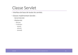 Classe Servlet
2022/2023 JAKARTA ENTREPRISE EDITION - SELMA BATTI ATTIA 92
• Interface de base de toutes les servlets
• Cl...
