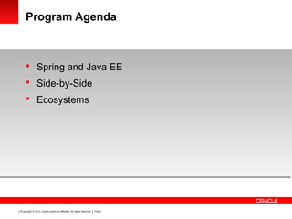 Copyright © 2012, Oracle and/or its affiliates. All rights reserved. Public2
Program Agenda
 Spring and Java EE
 Side-by-Side
 Ecosystems
 