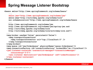 Copyright © 2012, Oracle and/or its affiliates. All rights reserved. Public22
Spring Message Listener Bootstrap
<beans xmlns="http://www.springframework.org/schema/beans"
...
xmlns:jms="http://www.springframework.org/schema/jms"
xmlns:amq="http://activemq.apache.org/schema/core"
xsi:schemaLocation="http://www.springframework.org/schema/beans
...
http://www.springframework.org/schema/jms
http://www.springframework.org/schema/jms/spring-jms.xsd
http://activemq.apache.org/schema/core
http://activemq.apache.org/schema/core/activemq-core.xsd">
...
<amq:broker useJmx="false" persistent="false">
<amq:transportConnectors>
<amq:transportConnector uri="tcp://localhost:0" />
</amq:transportConnectors>
</amq:broker>
<amq:queue id="jms/OrderQueue" physicalName="queue.OrderQueue"/>
<amq:connectionFactory id="connectionFactory" brokerURL="vm://localhost"/>
<jms:listener-container transaction-manager="transactionManager"
concurrency="3-5">
<jms:listener destination="jms/OrderQueue" ref="orderProcessor"/>
</jms:listener-container>
</beans>
 