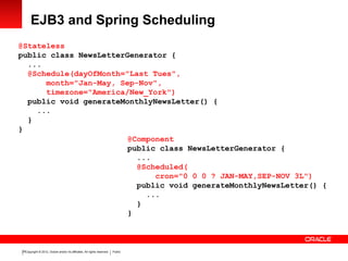 Copyright © 2012, Oracle and/or its affiliates. All rights reserved. Public25
EJB3 and Spring Scheduling
@Stateless
public class NewsLetterGenerator {
...
@Schedule(dayOfMonth="Last Tues",
month="Jan-May, Sep-Nov",
timezone="America/New_York")
public void generateMonthlyNewsLetter() {
...
}
}
@Component
public class NewsLetterGenerator {
...
@Scheduled(
cron="0 0 0 ? JAN-MAY,SEP-NOV 3L")
public void generateMonthlyNewsLetter() {
...
}
}
 