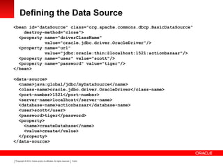Copyright © 2012, Oracle and/or its affiliates. All rights reserved. Public7
Defining the Data Source
<bean id="dataSource" class="org.apache.commons.dbcp.BasicDataSource"
destroy-method="close">
<property name="driverClassName"
value="oracle.jdbc.driver.OracleDriver"/>
<property name="url"
value="jdbc:oracle:thin:@localhost:1521:actionbazaar"/>
<property name="user" value="scott"/>
<property name="password" value="tiger"/>
</bean>
<data-source>
<name>java:global/jdbc/myDataSource</name>
<class-name>oracle.jdbc.driver.OracleDriver</class-name>
<port-number>1521</port-number>
<server-name>localhost</server-name>
<database-name>actionbazaar</database-name>
<user>scott</user>
<password>tiger</password>
<property>
<name>createDatabase</name>
<value>create</value>
</property>
</data-source>
 